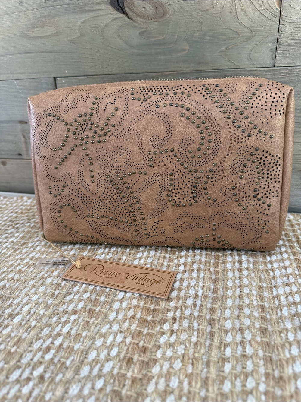 Revive Vintage Embossed Studded  Vegan Clutch - Tan